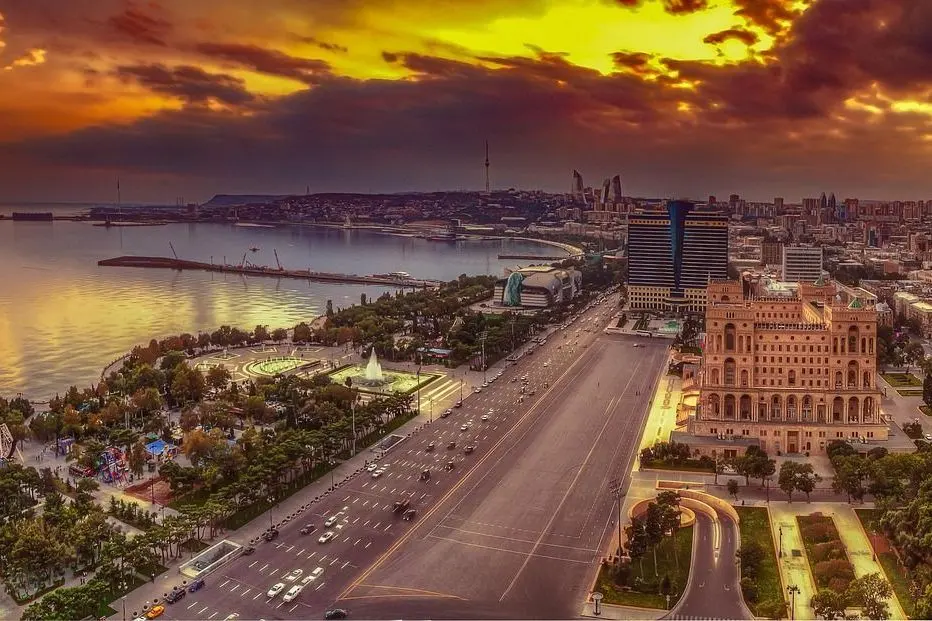 Azerbaijan — Baku's Flame Towers and the walled Old City